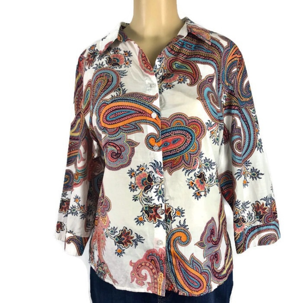 Chico’s paisley silk cotton button down tunic top
